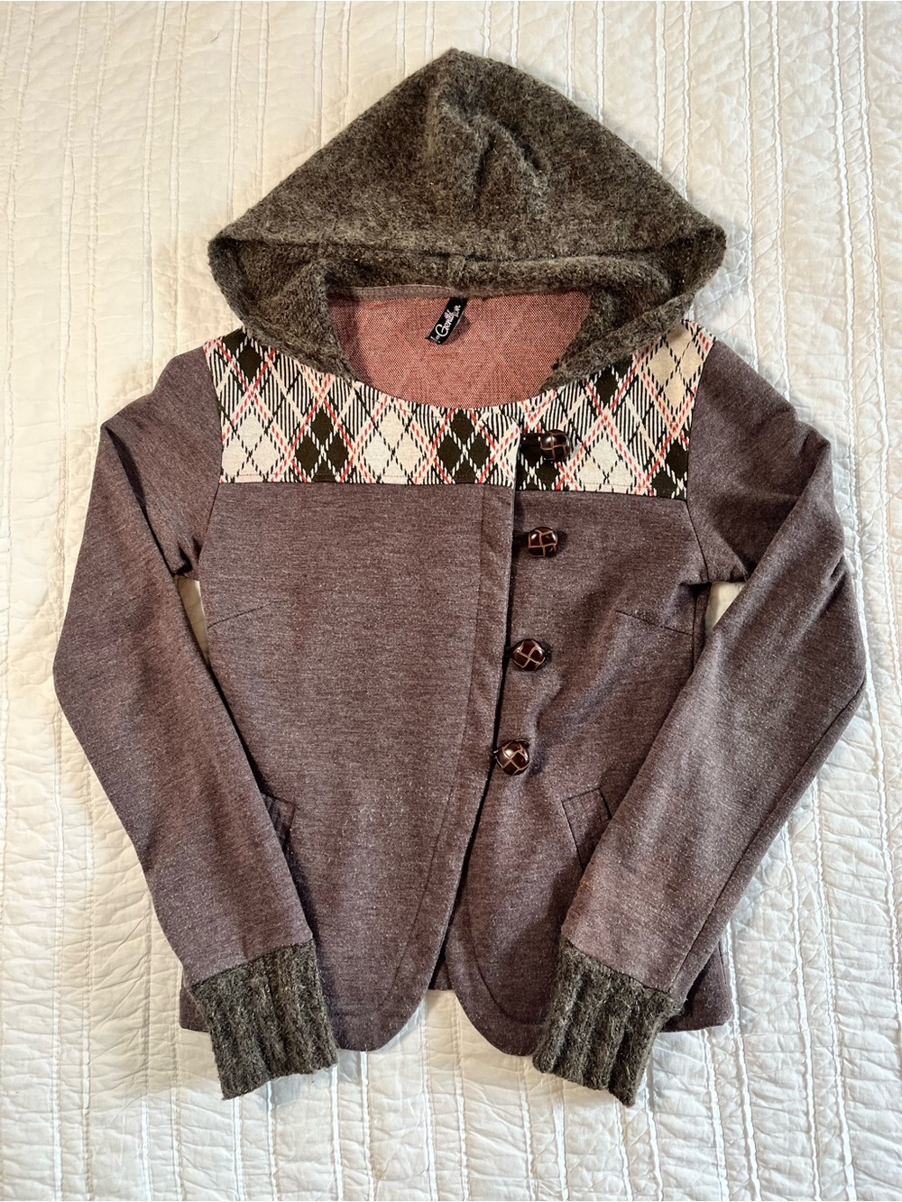 Gentle Fawn Brown Plaid Asymmetrical Button Hooded Jacket Size S Retro Mod